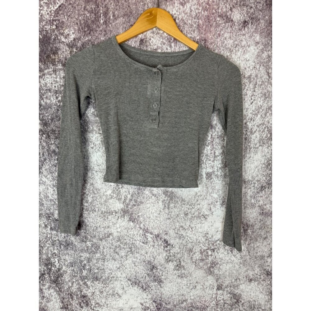 Y2K Vibes Top Womens M Ribbed Henley Button Thermal Gray Long Sleeve 90s Cropped